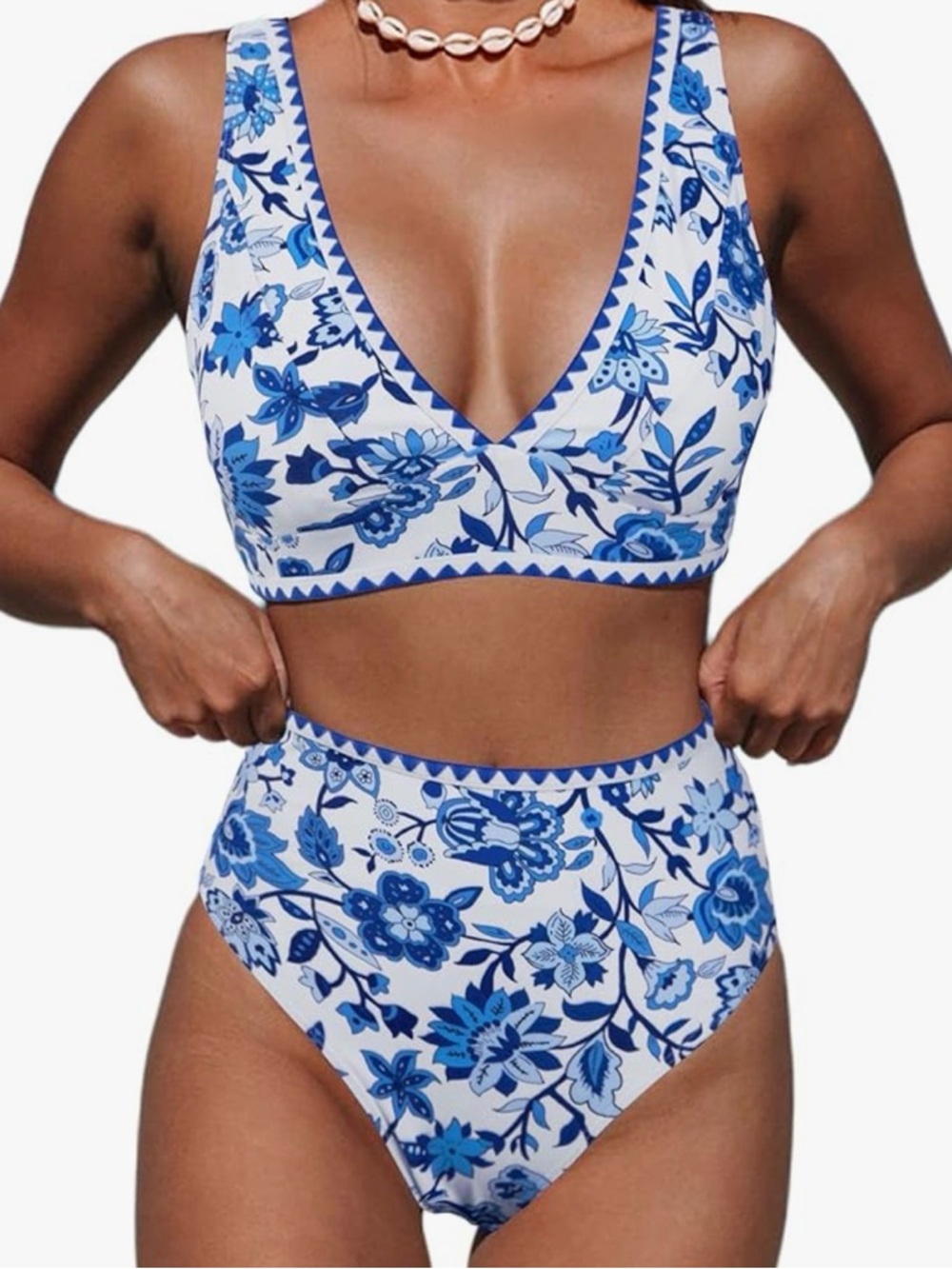 Blue Floral Bikini Set Size Medium | High Waisted | Scallop Trim | NWT
